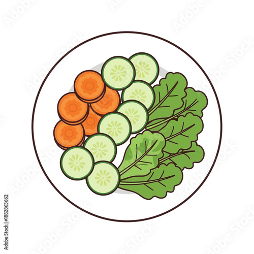 Freshly Prepared Salad Plate Depicting Sliced Carrots, Cucumbers, And Leafy Greens Illustration