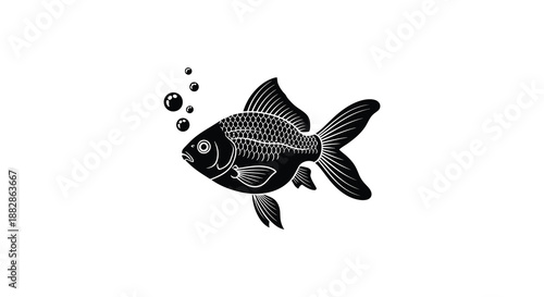 Detailed engraving of a single fish swimming amidst rising bubbles showcasing a striking black and white contrast silhouette high quality professional
