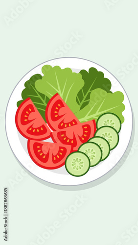 Freshly Prepared Salad Plate Displaying Sliced Tomatoes, Cucumbers, and Lush Green Lettuce