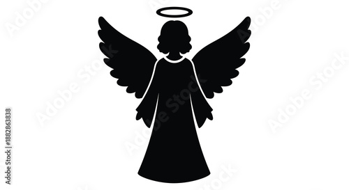 A striking black form depicts an angelic figure with outstretched wings and a halo presented as a bold silhouette high quality
