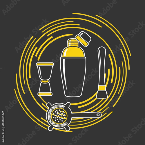 Graphic Illustration Depicting Cocktail Shaker, Tools, and Circular Design Elements Against Dark