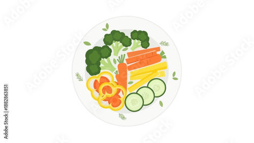 Freshly Prepared Vegetable Platter Presented On A White Plate, Clean And Minimalistic Design