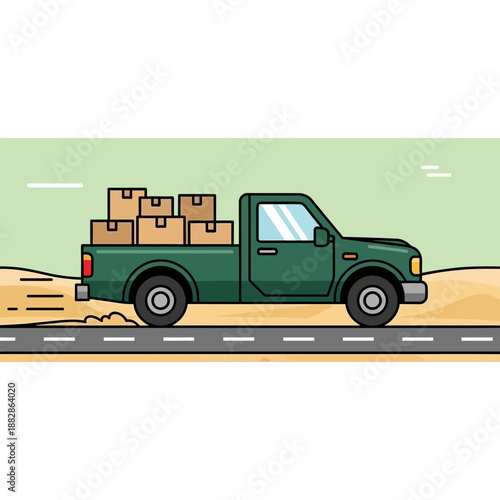 Green Pickup Truck Transporting Cardboard Boxes on a Roadway Delivering Parcels Rapidly