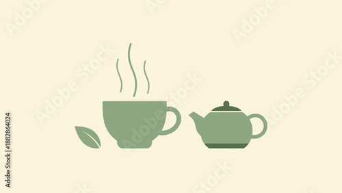 Green Tea Cup and Teapot: A Minimalist Design Showing Relaxation and Tranquility