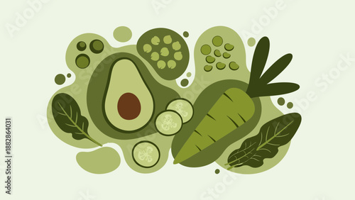 Green Food Illustration Showcasing Fresh Produce and Healthy Eating Habits Concept