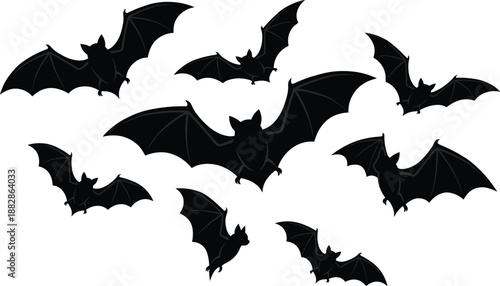 Set of flying bat silhouettes in different poses, spooky Halloween night animal collection in black vector style, isolated on white background.