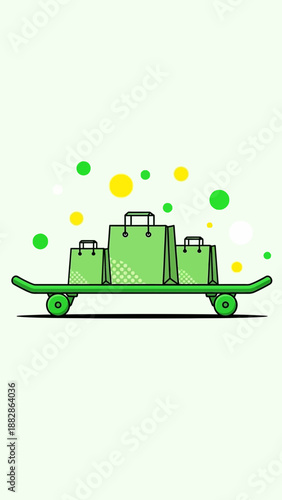 Green Shopping Bags Adorning a Skateboard Against a Vibrant Background of Circular Elements