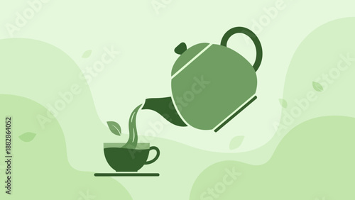 Green Tea Pouring Into A Cup From Teapot On Abstract Background With Leafy Elements