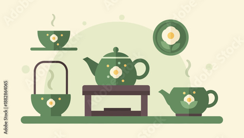 Green Teaware Illustration Featuring Teapot, Cups, and Floral Embellishments