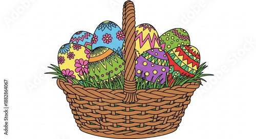 Colorful easter eggs in a wicker basket on green grass with floral patterns and stripes