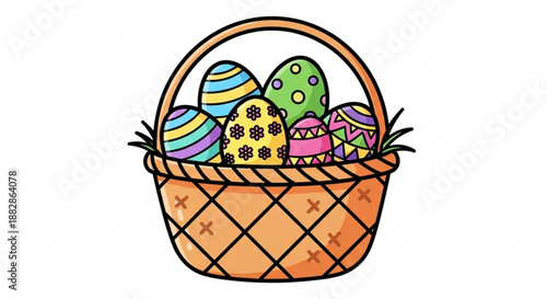 Colorful easter eggs in a woven basket decorated with patterns and stripes on a white background symbolizing springtime and holiday cheer