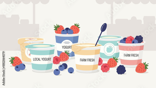 Freshly Prepared Yogurt Cups with Berries, Healthy Refreshment, Farm To Table Dessert