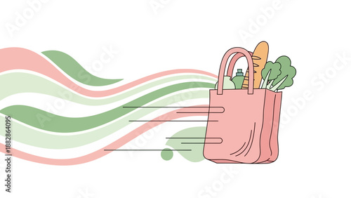 Grocery Bag Rushing, Illustrating Fresh Food And Sustainable Shopping with Elegance