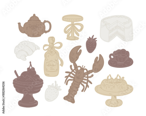Set of food and drinks menu silhouettes in paper cut-out vintage style isolated on white background