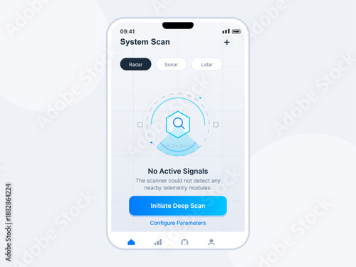 A digital screen displays a system scan overview with no active signals. Options to initiate a deep scan and configure parameters are available.