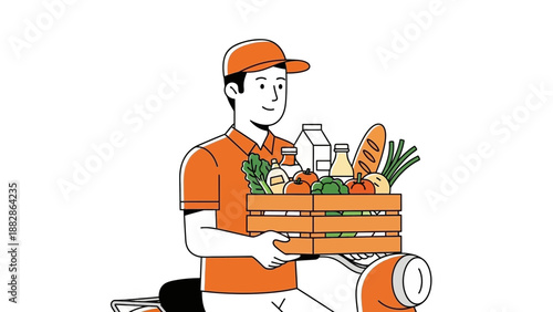 Grocery Delivery Courier Transporting Fresh Produce on a Scooter to a Customer