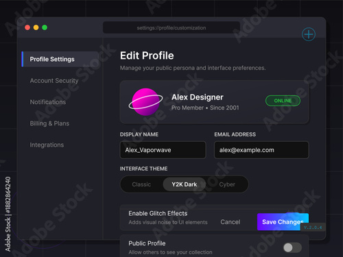 A user named Alex adjusting profile settings such as display name, email, interface theme, and toggle options for effects. The layout features different menu sections for personalization.