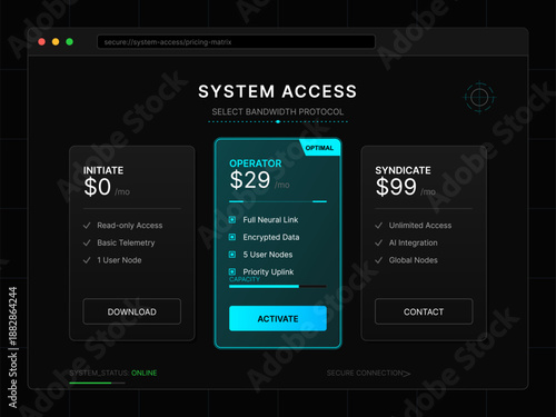 Different bandwidth access options are shown on a web interface. Users can choose plans based on their needs and view details about costs and features.