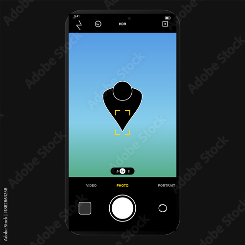 A smartphone camera interface is open, showing a black location marker and a yellow focus box on a blue and green background. The user can take a photo or switch to video mode.