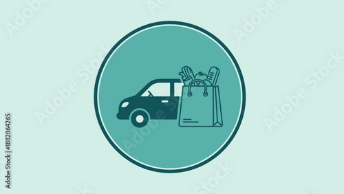 Grocery Delivery Icon Depicting a Car and a Full Shopping Bag in a Circular Design