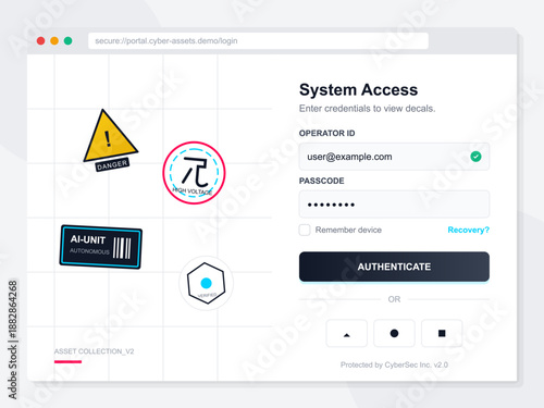 A user enters their access credentials into a digital portal with various security symbols, including danger signs and identity icons. The login process requires operator ID and passcode.