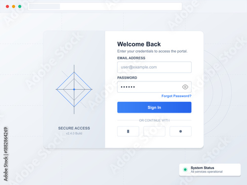 A login screen displays a form where users enter their email and password to access a secure system. A status message indicates that all services are operational.