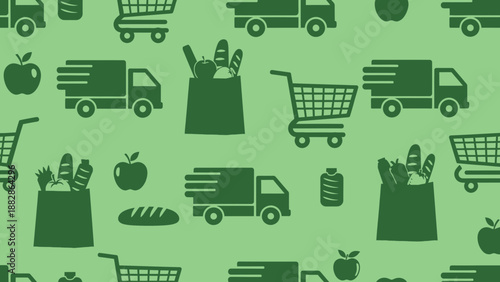 Grocery Delivery Seamless Pattern: Fresh Food Transportation and Shopping Cart Repeat