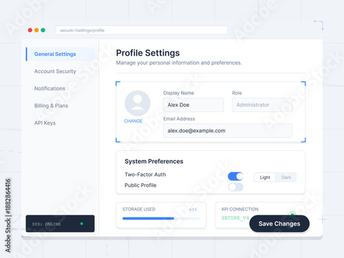 User accesses profile settings to view and edit personal details like display name and email address, along with security preferences for account management.