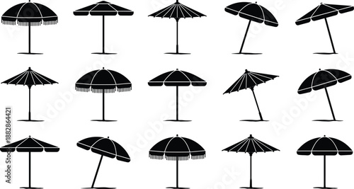 Collection of beach umbrella silhouettes in various shapes and angles, black summer parasol icon set, isolated on white for travel design.