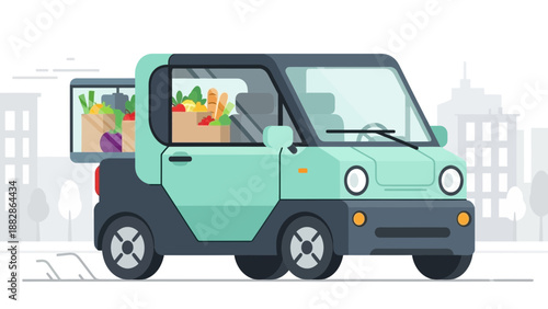 Grocery Delivery Service Using Modern Small Electric Vehicle Transportation, Cartoon Style