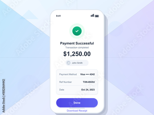 A payment confirmation screen shows a completed transaction for $1,250. The payment method is Visa with a reference number and date shown.