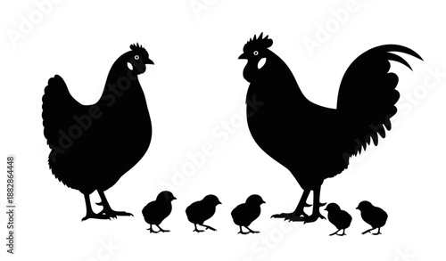 Hen rooster and chicks farm animal silhouette vector icon set isolated on white background