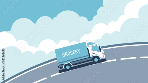 Grocery Delivery Truck Driving on Highway Amidst Clouds with Fresh and Clear Atmosphere