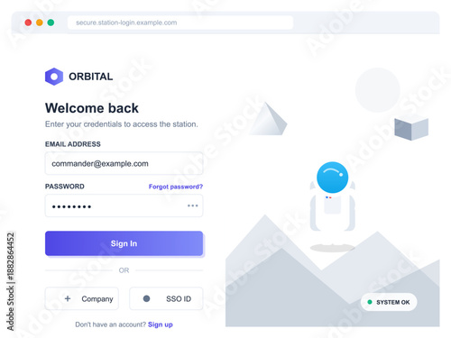 User enters email and password on the login page of an online platform for secure access to various services. The background features geometric shapes.