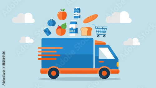Grocery Delivery Truck Illustration With Groceries Icons Flying And Scattered Around