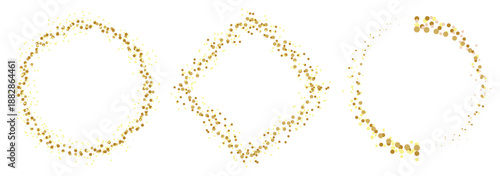 Shiny circle and rectangle with gold confetti isolated on white background. olden dust texture for advertising. Glamour design for poster or banner. Vector illustration.