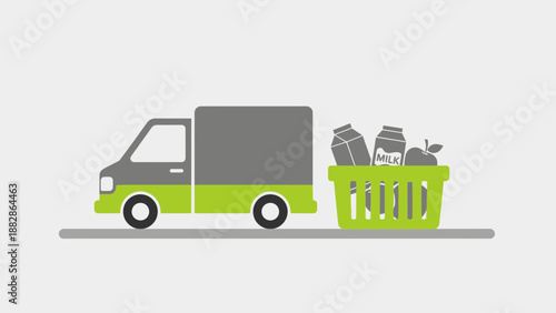 Grocery Delivery Truck With Basket Full Of Fresh Food For Online Shopping