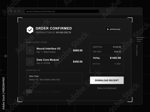 A confirmation screen shows an order for two tech items with their prices, subtotal, tax, and total amount. The order includes the shipping details for the user.