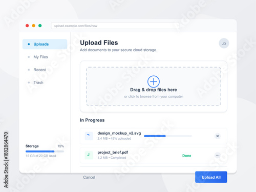 Users can drag and drop files into a secure cloud storage area. The progress of the upload is shown with a bar and document names are displayed.