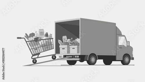 Grocery Delivery Truck Unloading Food Products Into a Shopping Cart Ready For Transfer