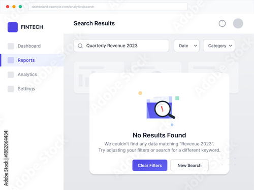 A user searches for the Quarterly Revenue 2023 in a reporting dashboard. The result shows no data found and suggests adjusting filters for a different keyword.