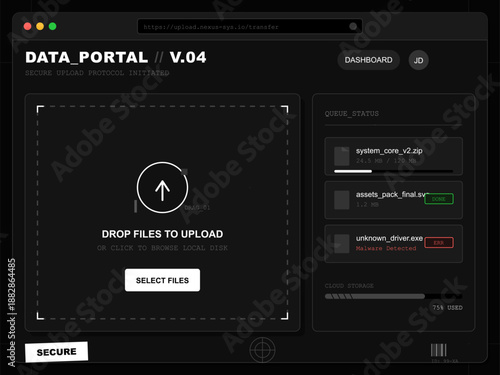 A secure upload interface shows a file transfer progress with a queue status. Users can select files to upload or browse local storage for data management.