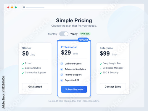 A computer screen shows three service plans labeled Starter, Professional, and Enterprise. Each plan has features and pricing details for users to choose from.