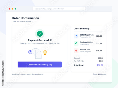 User receives confirmation for an order including an infographic set. The screen shows the order summary, payment status, and a button to download the files.