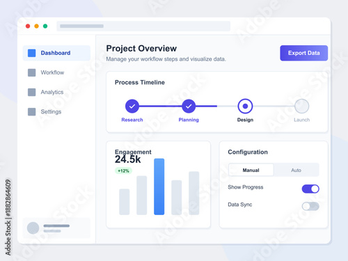 A digital dashboard layout displays different sections for project management. Users can see engagement metrics, process timeline, and configuration options for workflow management.