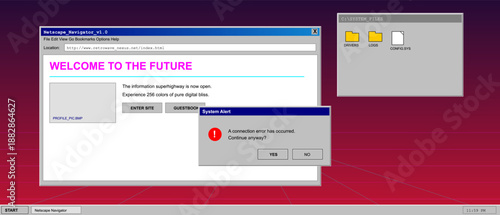 A vintage computer screen displays a web browser with a welcome message and a system alert about a connection error. The background has a retro style.