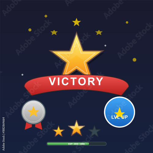 A gold star appears with the word victory above it. Below are two medals, while a level-up button is shown. This displays achievements in a game.