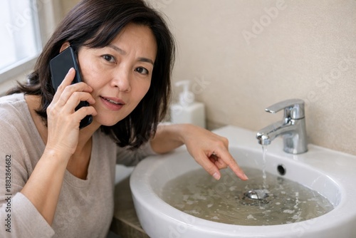 Concerned woman calling for help while pointing at clogged bathroom sink with slowly draining running water