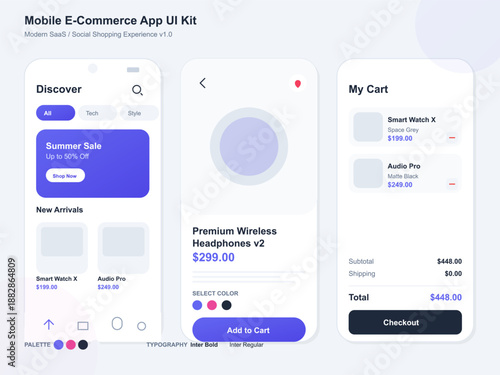 A mobile application interface for online shopping. It features sections for discovering items, a list of new products, and an area for checking out purchases.