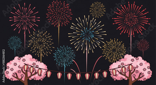 Vibrant fireworks explode in night sky with pink cherry blossom trees and lanterns festive celebration scene